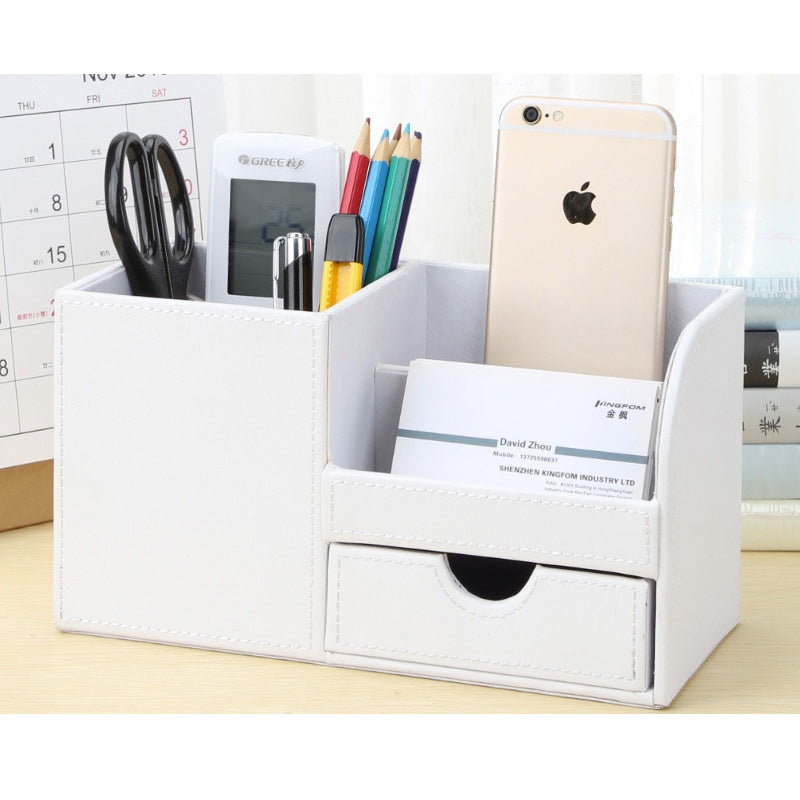 Organisateur-de-bureau-cuir-blanc-avec-accessoires