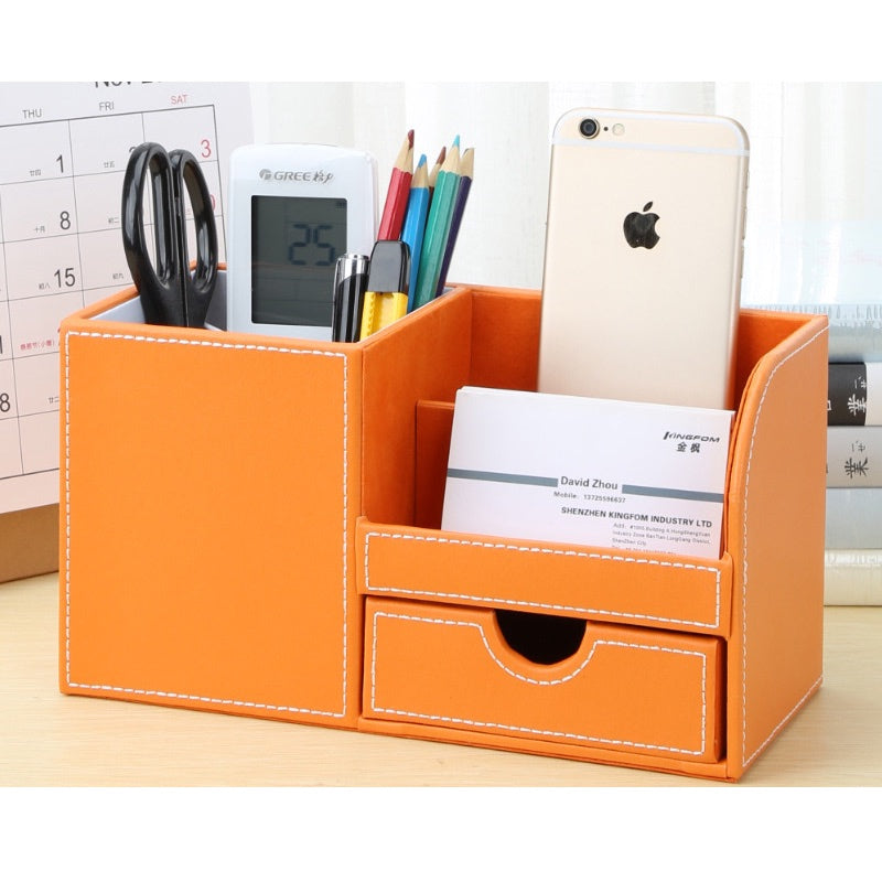 Organisateur-de-bureau-cuir-orange-avec-accessoires