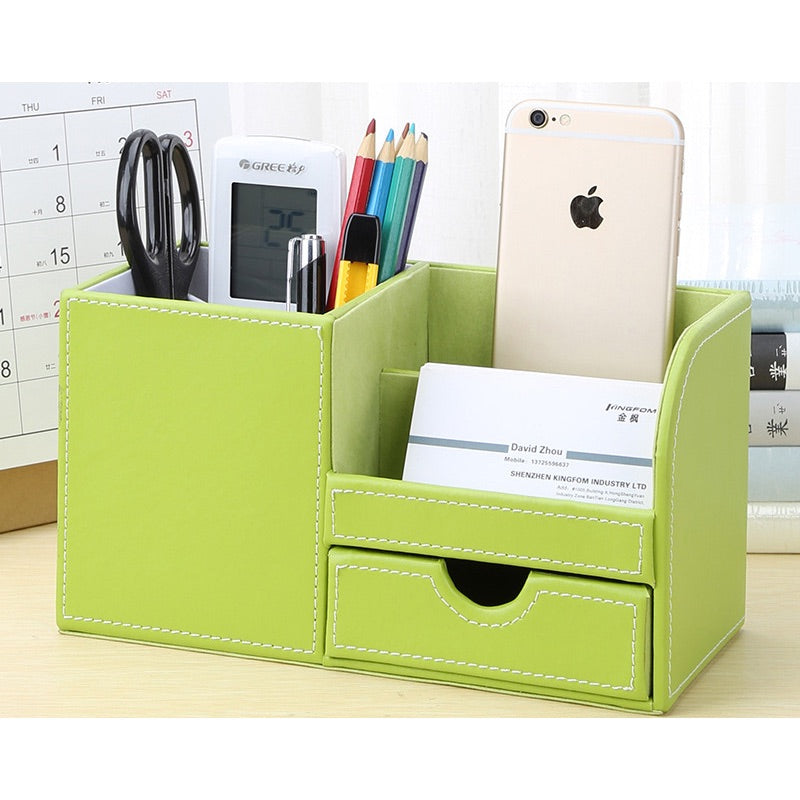Organisateur-de-bureau-cuir-vert-avec-accessoires