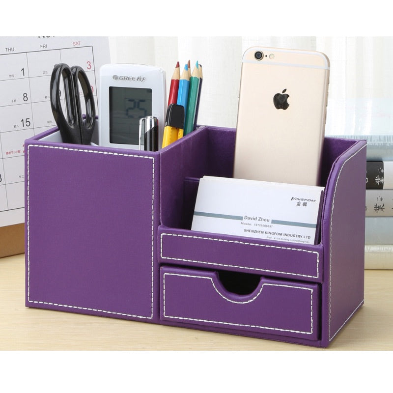 Organisateur-de-bureau-cuir-violet-avec-accessoires