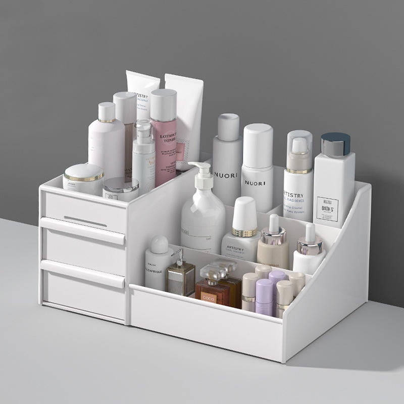 Organisateur-maquillage-blanc-avec-produits-soin-fond-gris-avec-produits-soin