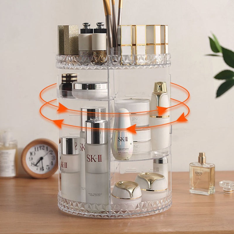 Organisateur-maquillage-tournant-avec-produits-soins-et-maquillage-avec-fleches-tournantes