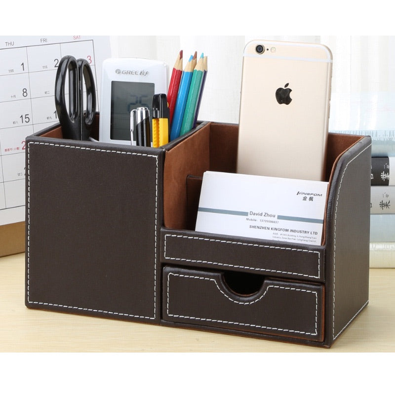 Organisateur-de-bureau-cuir-marron-avec-accessoires