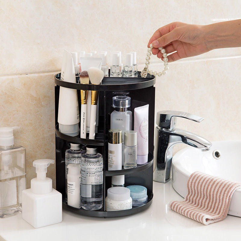 Organisateur-maquillage-rotatif-produit-noir-avec-produits-soin-salle-de-bain