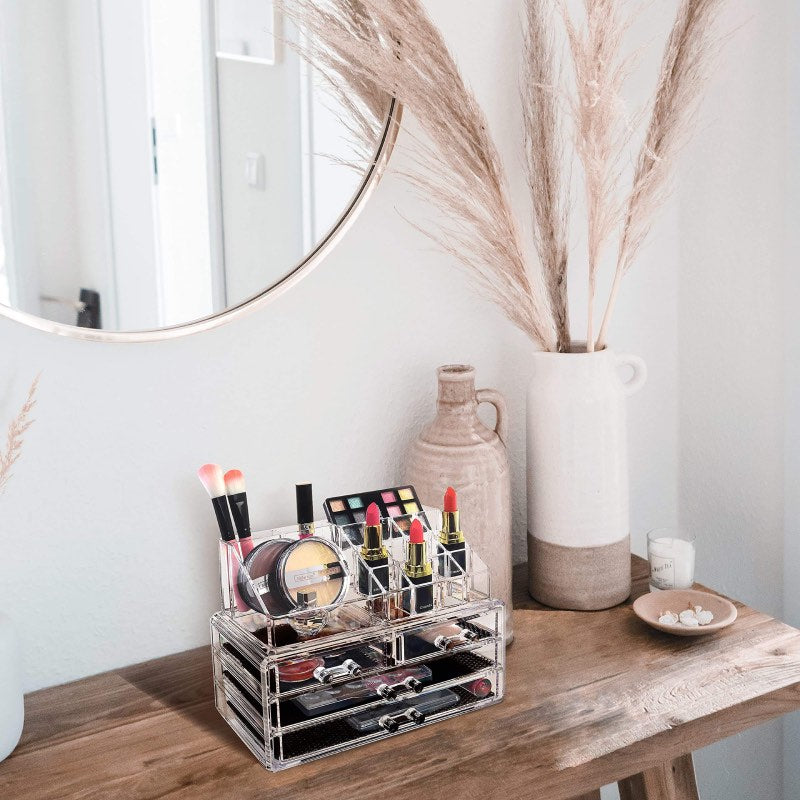 Organisateur-maquillage-transparent-avec-maquillage-sur-commode-bois